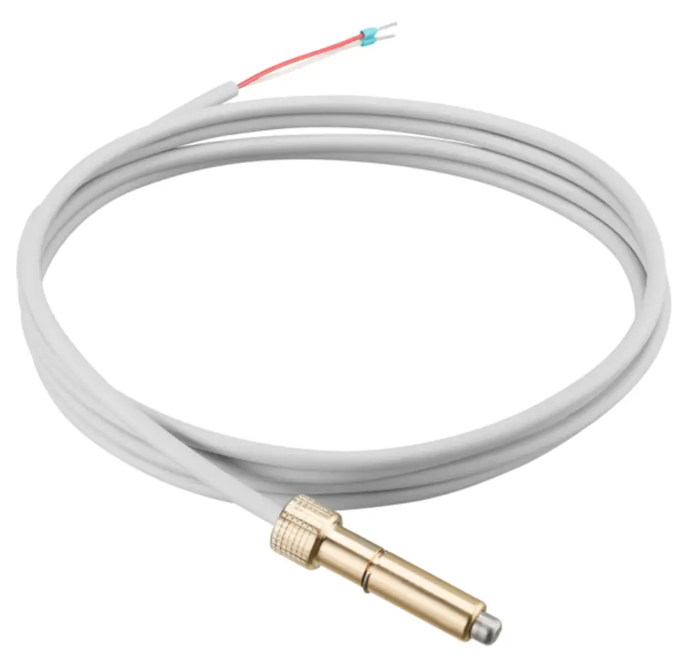 Fühlerelement von Oventrop mit einem grauen Kabel und einem goldfarbenen Metallstecker, geeignet für die Fernüberwachung. Kabel mit zwei freienden Adern in Rot und Blau.